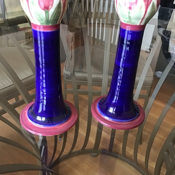 A. Suman Santa Barbara Handpainted Thrown Pottery Candlestick Pair Beautiful - Picture 4 of 9